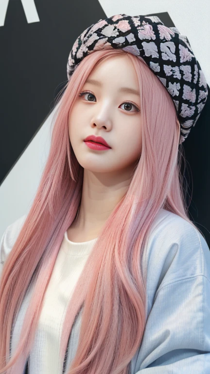 arafed woman with pink hair wearing a hat and a jacket, roseanne park by blackpink, Sakimichan, ulzzang, pale korean adorable face, with pink hair, taken in the early 2020s, jinyoung shin, jaeyeon nam, with long white hair, heonhwa choe, shikami, with long white hair