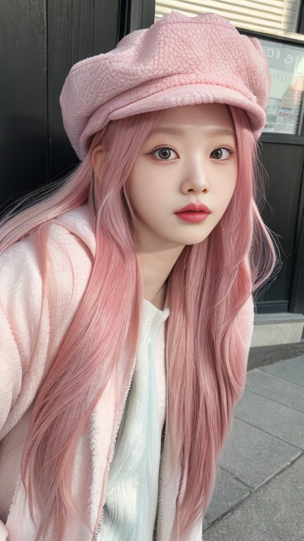 arafed woman with pink hair wearing a hat and a jacket, roseanne park by blackpink, Sakimichan, ulzzang, pale korean adorable face, with pink hair, taken in the early 2020s, jinyoung shin, jaeyeon nam, with long white hair, heonhwa choe, shikami, with long white hair