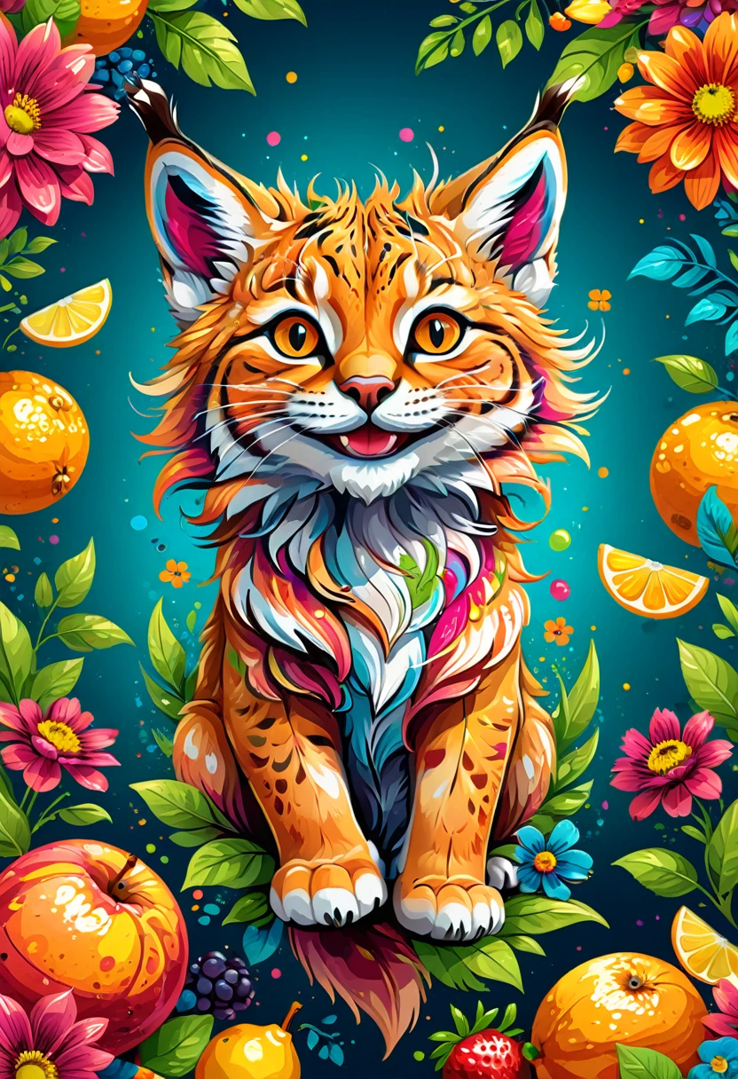  arte vetorial para  t shirt design, of a colorful illustration of a little smiling lynx, At the center, swirly vibrant colors, flowers, fruits, high détail, Transparent background, t shirt design.
(work of art, UHD quality, details in 32k, proffesional, perfect composition, very aesthetic, absurdrez, super verbose, details Intricate:1.3)