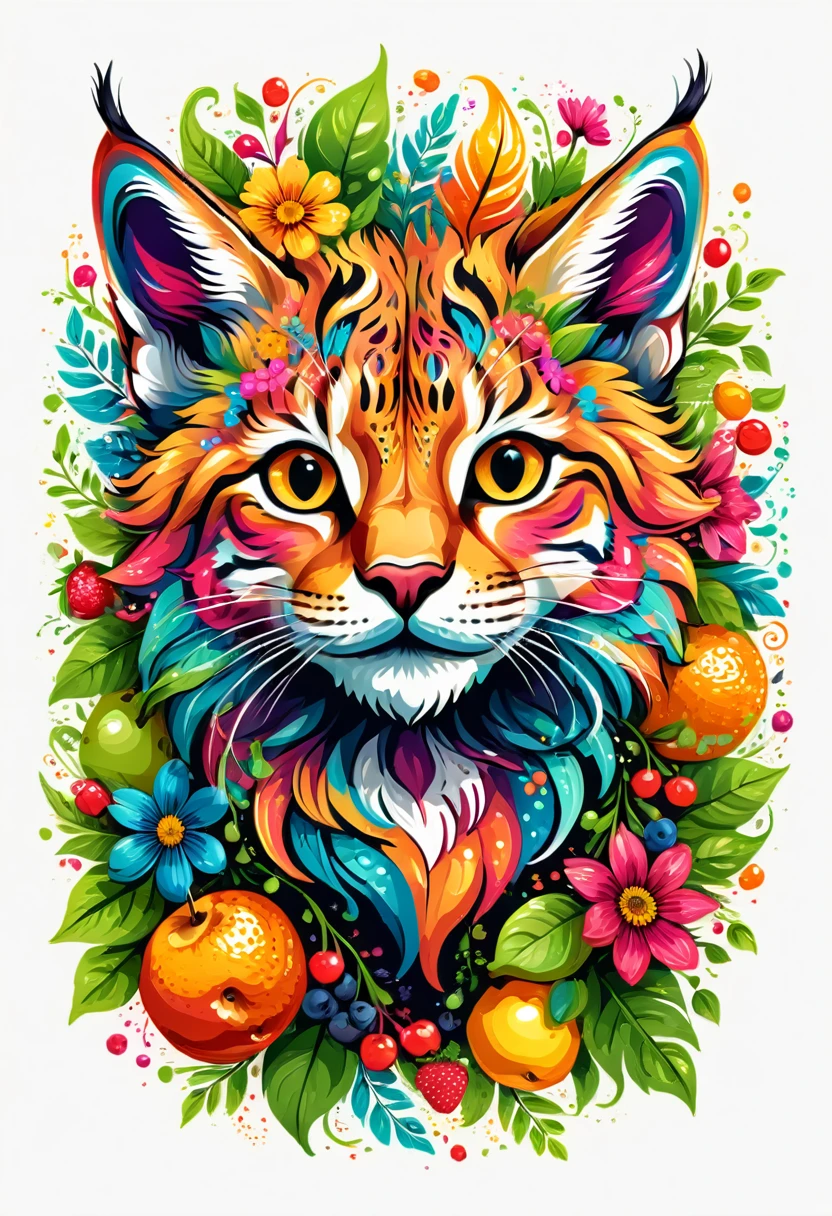  arte vetorial para  t shirt design, of a colorful illustration of a little smiling lynx, At the center, swirly vibrant colors, flowers, fruits, high détail, Transparent background, t shirt design.
(work of art, UHD quality, details in 32k, proffesional, perfect composition, very aesthetic, absurdrez, super verbose, details Intricate:1.3)