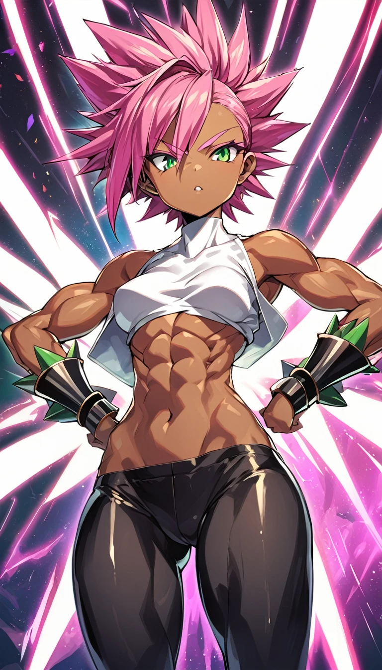 a girl, Saiyan, dark pink hair, hot pink, super saiyan, super saiyan rose, spiky, green eyes, defined muscles, thin waist, wide ????, dark skin, ??????????????, tight clothes, white t-shirt, black pants, pink rays around, black rays around
