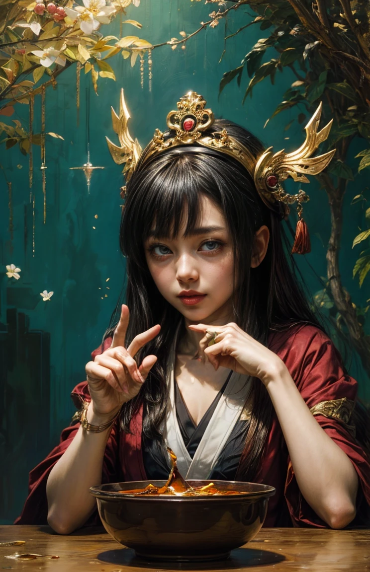 (Tabletop, Highest qualityの, Highest quality, Official Art, (beautifully、aesthetic:1.4), (Oil painting:1.4) ), (Tsukuyomi:1.5), 日本god話のgod様々々, Fleeting beauty, 星空に照らされたgod秘的な存在, god'Grace, Calm and contemplative expression, Flowing Heavenly Robe, Silver glow illuminating nocturnal landscapes, Dance of shadows and lights, Whispers of Ancient Legends
