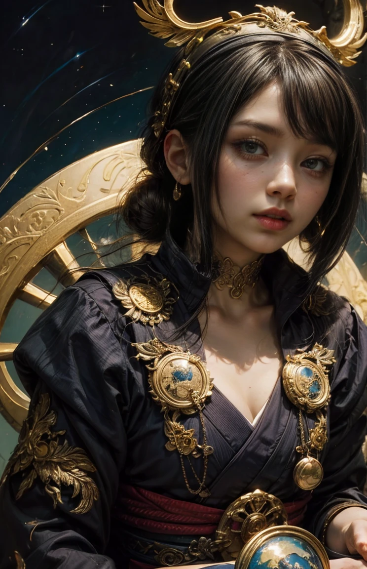 (Tabletop, Highest qualityの, Highest quality, Official Art, (beautifully、aesthetic:1.4), (Oil painting:1.4) ), (Tsukuyomi:1.5), 日本god話のgod様々々, Fleeting beauty, 星空に照らされたgod秘的な存在, god'Grace, Calm and contemplative expression, Flowing Heavenly Robe, Silver glow illuminating nocturnal landscapes, Dance of shadows and lights, Whispers of Ancient Legends