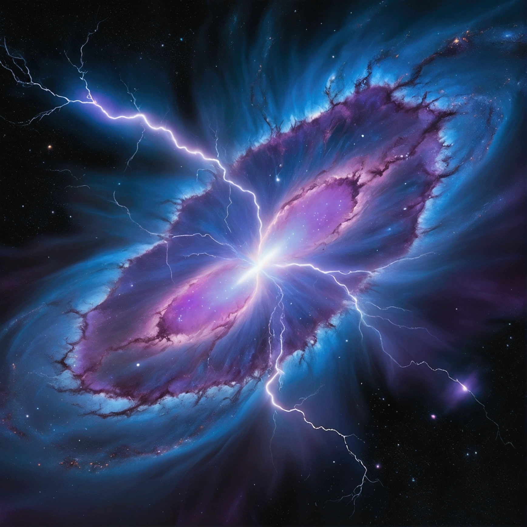 In the vast expanse of the cosmos, a nebula-shaped creature emerges before the serene surface of a distant planet. The creature's ethereal form undulates with an iridescent glow, as if infused with the essence of stardust. Amidst the swirling vortex of blue and purple hues, lightning bolts crackle through the darkness, casting an otherworldly ambiance upon the celestial scene.