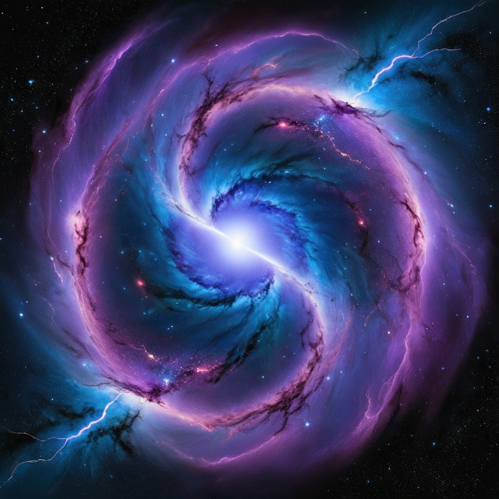 In the vast expanse of the cosmos, a nebula-shaped creature emerges before the serene surface of a distant planet. The creature's ethereal form undulates with an iridescent glow, as if infused with the essence of stardust. Amidst the swirling vortex of blue and purple hues, lightning bolts crackle through the darkness, casting an otherworldly ambiance upon the celestial scene.