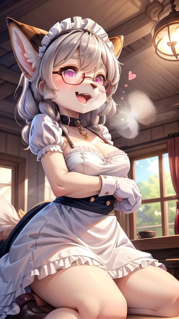 best quality,best resolution,(fluffy anthro furry :1.6),(young :1.6),cat girl,small breasts,light grey hair,long hair,wavy hair,curvy hair,light grey fur,pink eyes,glistering eyes,sparkle eyes,circle glasses,heart collar,maid outfit,maid headdress,maid gloves,ruffles,beautiful cafe,white light,looking at viewer,full face blush,horny face,smile,heart eyes,heart expression eyes,open mouth,straddle viewer,girl on top,low angle,front view,heavy breath,hands on viewer