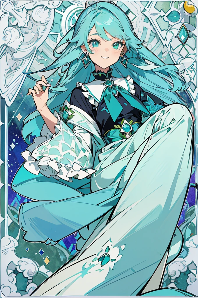 (The skin is not exposed, Long sleeve blouse with ruffles), (Solo), Very cute girl (1), Colorful stained glass on background,  Multicolored roses,Rose vine, ((Super Long Turquoise Blue Hair, Earring Color)), (Super smile), Dynamism, (Her eyes are emerald green), (kirakira) (Detail Objects)Close-up angle of the face