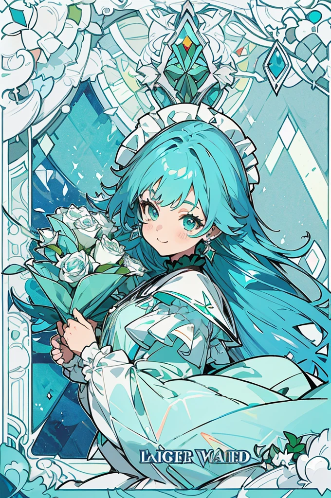 (The skin is not exposed, Long sleeve blouse with ruffles), (Solo), Very cute girl (1), Colorful stained glass on background,  Multicolored roses,Rose vine, ((Super Long Turquoise Blue Hair, Earring Color)), (Super smile), Dynamism, (Her eyes are emerald green), (kirakira) (Detail Objects)Close-up angle of the face