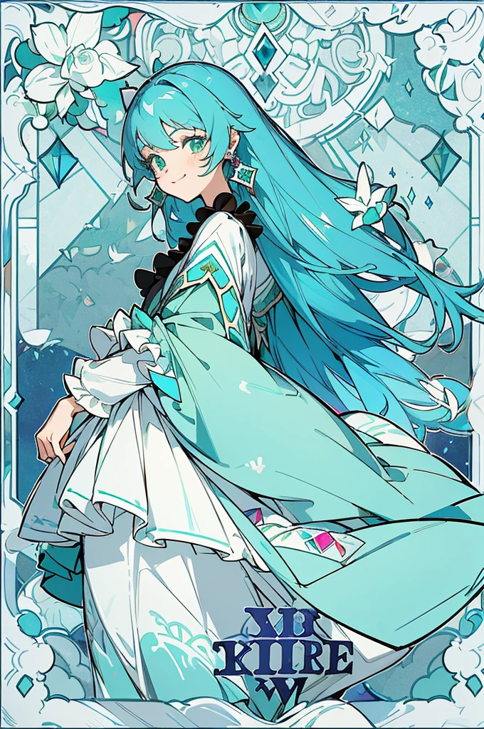 (The skin is not exposed, Long sleeve blouse with ruffles), (Solo), Very cute girl (1), Colorful stained glass on background, Multicolored roses,Rose vine, ((Super Long Turquoise Blue Hair, Earring Color)), (Super smile), Dynamism, (Her eyes are emerald green), (kirakira) (Detail Objects)Close-up angle of the face