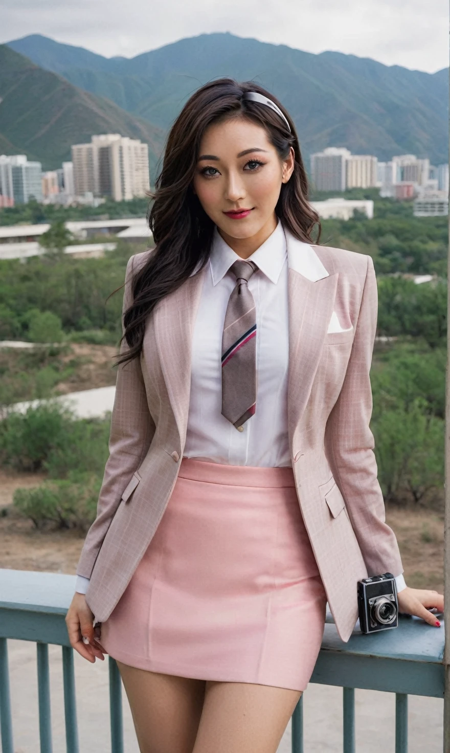 a beautiful picture of fukuharaXL ,woman,detailed skin texture,masterpiece, photorealistic, light, RAW color photo,(fully in frame:1.1), (blush:0.5), (goosebumps:0.5),(((light grey plaid silk skirt suit))), (((three-piece suit))), (((pink dress shirt with white collar))), contrast shirt collar, (((pink necktie))), (((blazer))), (((suit jacket))), (((waistcoat))), double-breasted waistcoat, (((bodycon miniskirt))), pocket square, cufflinks, tie clip,detailed face,outdoors, (smile:0.5), film grain,cinematic lightning,fujifilm ,detailed eyes,camera, smile, office background, hair down, makeup, lipstick, mascara, eyeliner, eyeshadow, silky glossy hair, high heels, pinup pose