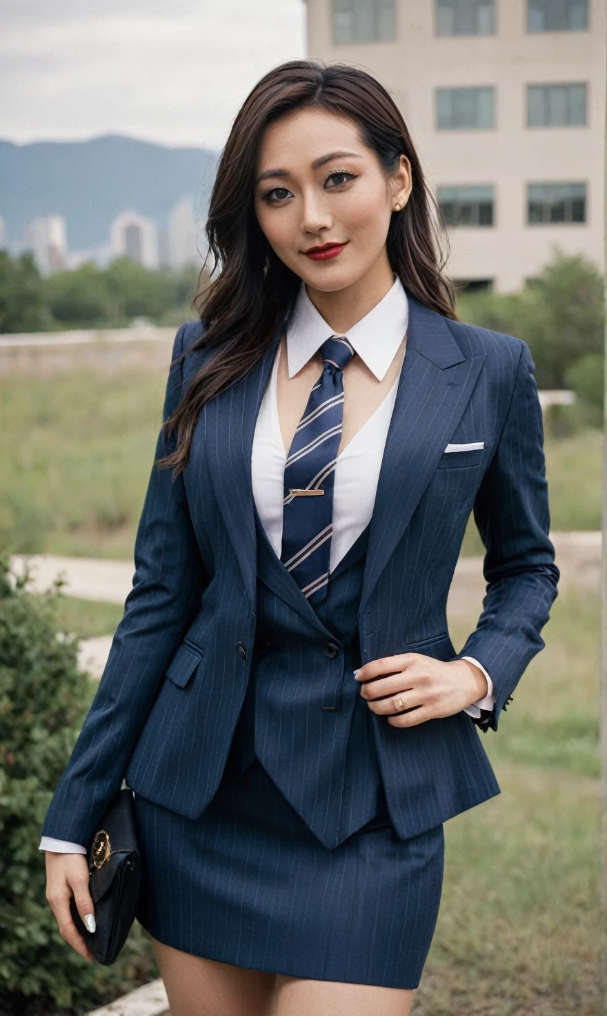 a beautiful picture of fukuharaXL ,woman,detailed skin texture,masterpiece, photorealistic, light, RAW color photo,(fully in frame:1.1), (blush:0.5), (goosebumps:0.5),(((navy pinstripe silk skirt suit))), (((three-piece suit))), (((light blue dress shirt with white collar))), (((necktie))), (((blazer))), (((suit jacket))), ((waistcoat)), double-breasted waistcoat, (((bodycon miniskirt))), pocket square, cufflinks, tie clip,detailed face,outdoors, (smile:0.5), film grain,cinematic lightning,fujifilm ,detailed eyes,camera, smile, office background, hair down, makeup, lipstick, mascara, eyeliner, eyeshadow, silky glossy hair, high heels, pinup pose, slender figure