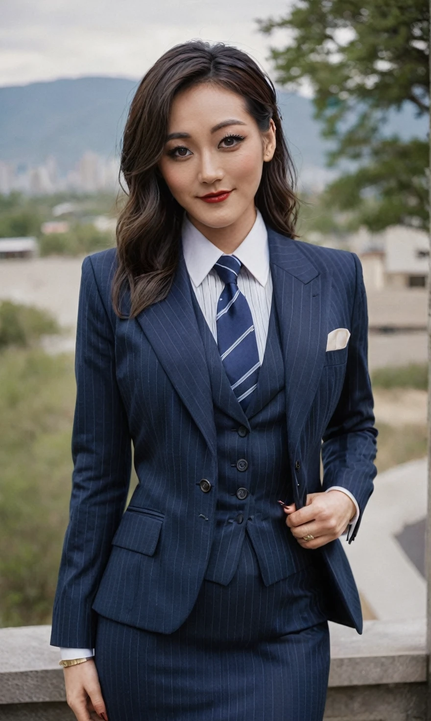 a beautiful picture of fukuharaXL ,woman,detailed skin texture,masterpiece, photorealistic, light, RAW color photo,(fully in frame:1.1), (blush:0.5), (goosebumps:0.5),(((navy pinstripe silk skirt suit))), (((three-piece suit))), (((light blue dress shirt with white collar))), (((necktie))), (((blazer))), (((suit jacket))), ((waistcoat)), double-breasted waistcoat, (((bodycon miniskirt))), pocket square, cufflinks, tie clip,detailed face,outdoors, (smile:0.5), film grain,cinematic lightning,fujifilm ,detailed eyes,camera, smile, office background, hair down, makeup, lipstick, mascara, eyeliner, eyeshadow, silky glossy hair, high heels, pinup pose, slender figure