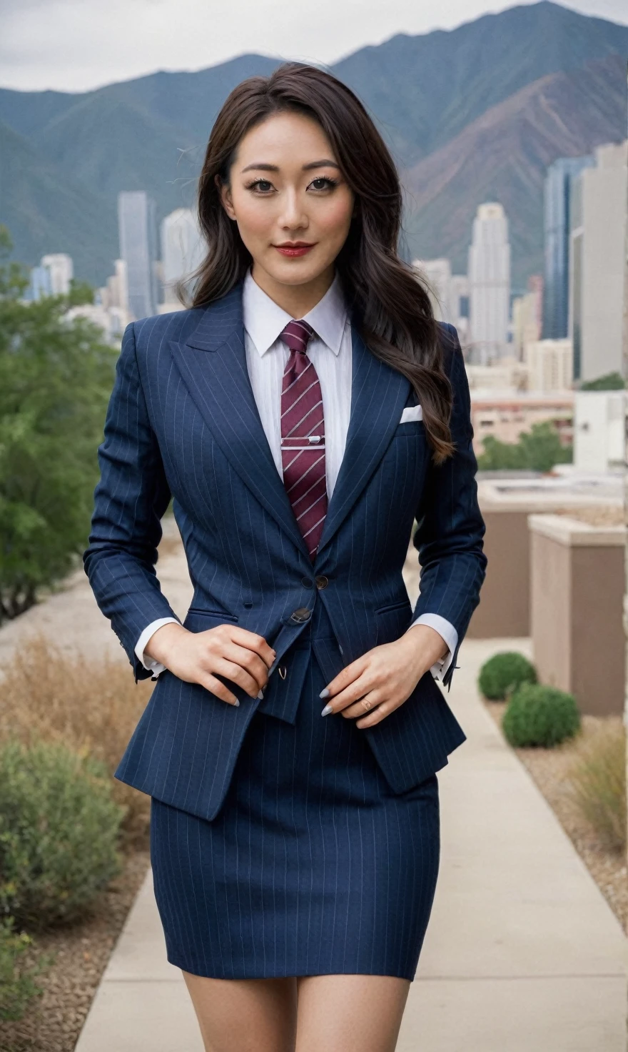 a beautiful picture of fukuharaXL ,woman,detailed skin texture,masterpiece, photorealistic, light, RAW color photo,(fully in frame:1.1), (blush:0.5), (goosebumps:0.5),(((navy pinstripe silk skirt suit))), (((three-piece suit))), (((light blue dress shirt with white collar))), (((necktie))), (((blazer))), (((suit jacket))), ((waistcoat)), double-breasted waistcoat, (((bodycon miniskirt))), pocket square, cufflinks, tie clip,detailed face,outdoors, (smile:0.5), film grain,cinematic lightning,fujifilm ,detailed eyes,camera, smile, office background, hair down, makeup, lipstick, mascara, eyeliner, eyeshadow, silky glossy hair, high heels, pinup pose, slender figure