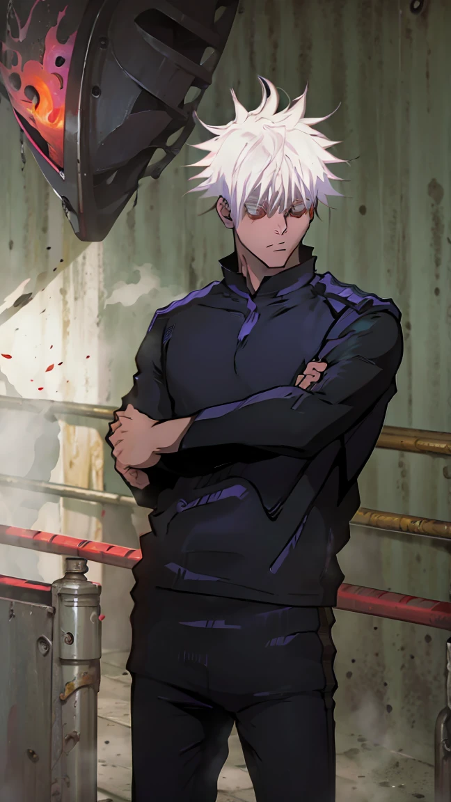 Ecchi anime style, 1 chico, man, black hair, disheveled hair, Red eyes, carefree look, pose sexy, defined body, White polo shirt, long sleeves, red aura, shadows,