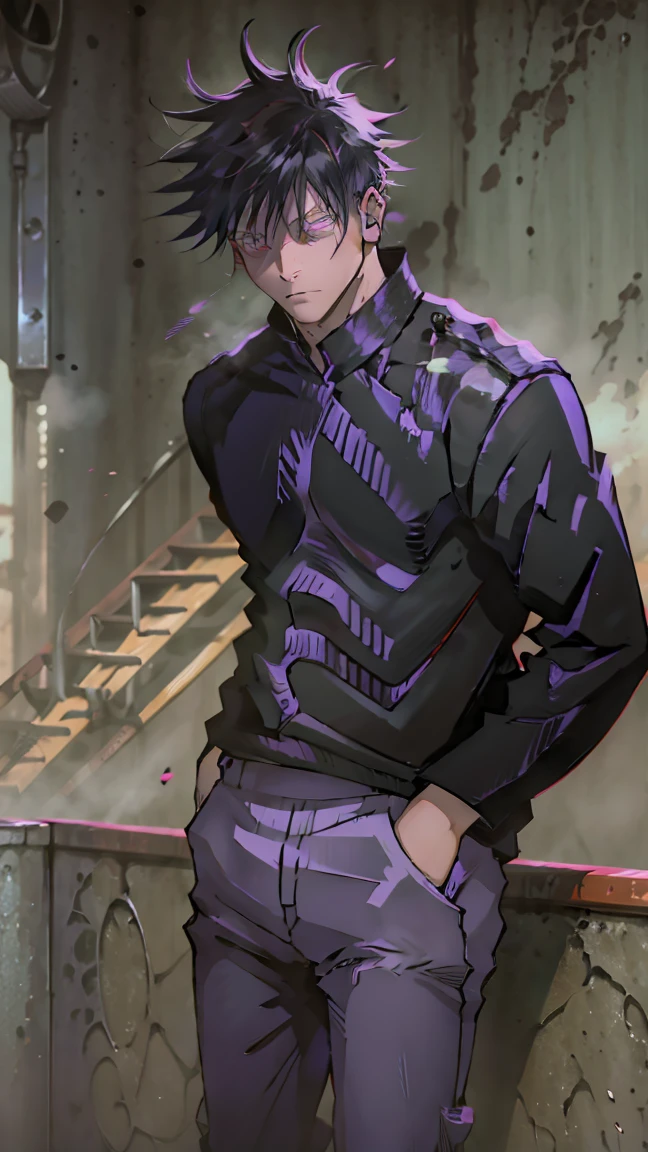 Ecchi anime style, 1 chico, man, black hair, disheveled hair, Red eyes, carefree look, pose sexy, defined body, White polo shirt, long sleeves, red aura, shadows,