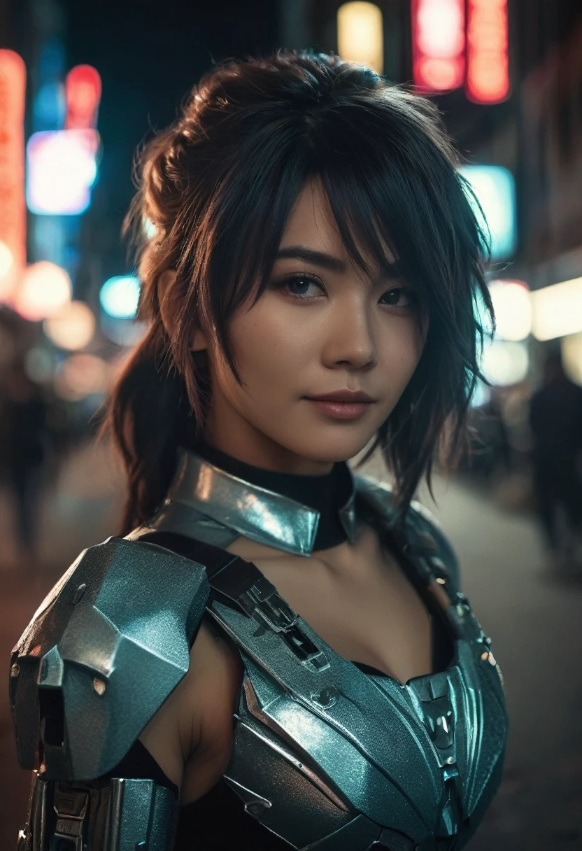 (realistic analog style sharp focus 8k raw photo with soft lighting and high quality:1.1),
(hdr film grain:1.2),movie poster,
a cute woman wearing a shiny (textured:1.2) (intricate:1.2) cyborgcosplay in a dark street at night, (cinematic hairstyle:1.2)