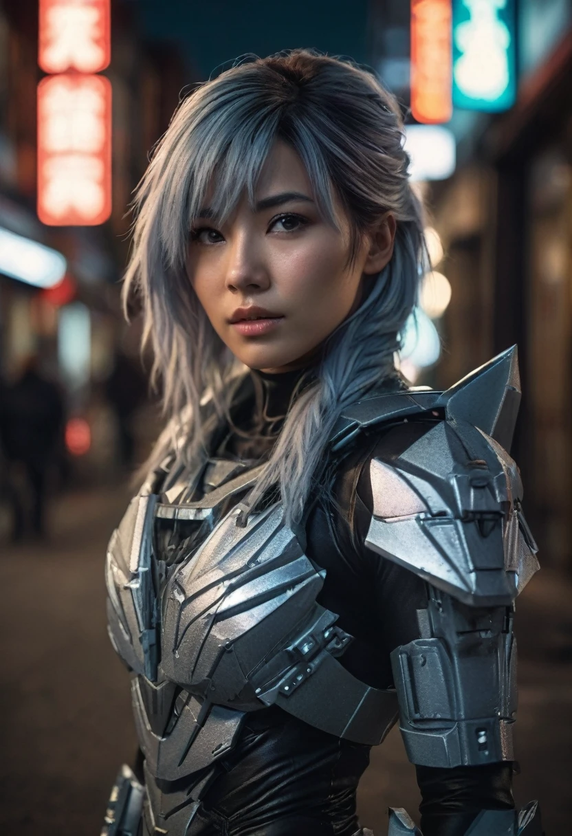 (realistic analog style sharp focus 8k raw photo with soft lighting and high quality:1.1),
(hdr film grain:1.2),movie poster,
a cute woman wearing a shiny (textured:1.2) (intricate:1.2) cyborgcosplay in a dark street at night, (cinematic hairstyle:1.2)