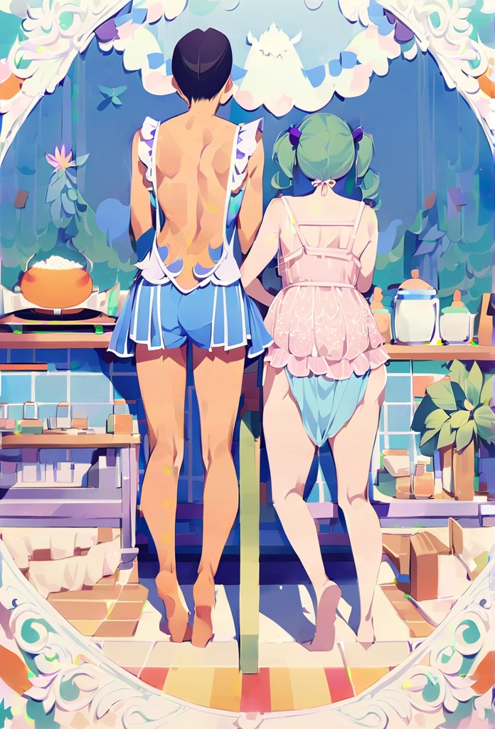 ((masterpiece))、((Highest quality)、(Very detailed)、8K、Delicate anime-style depictions.2 women。Prepare breakfast with your family,,(Very long hair、pink、black、Bright Blue Eyes、)(Twin tails and ponytails)Her dark eyes are highlighted。Overall it became brighter、Two smiling people。((The outfit is grey,Frills,Lace camisole and ブルマ.))、,((Summer kitchen))、((wonderful.))、((whole body))、Two people cooking side by side、((Rear View))