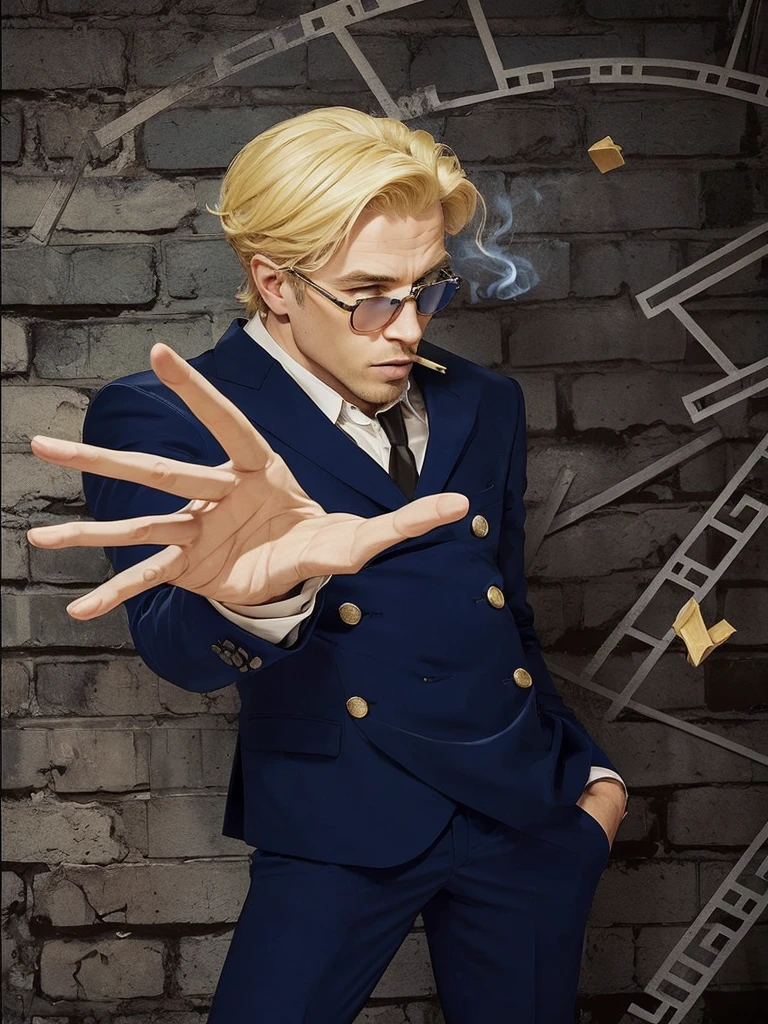 a man with blond hair, with a blue suit set, brave humor, WITH CIGARETTE IN MOUTH
