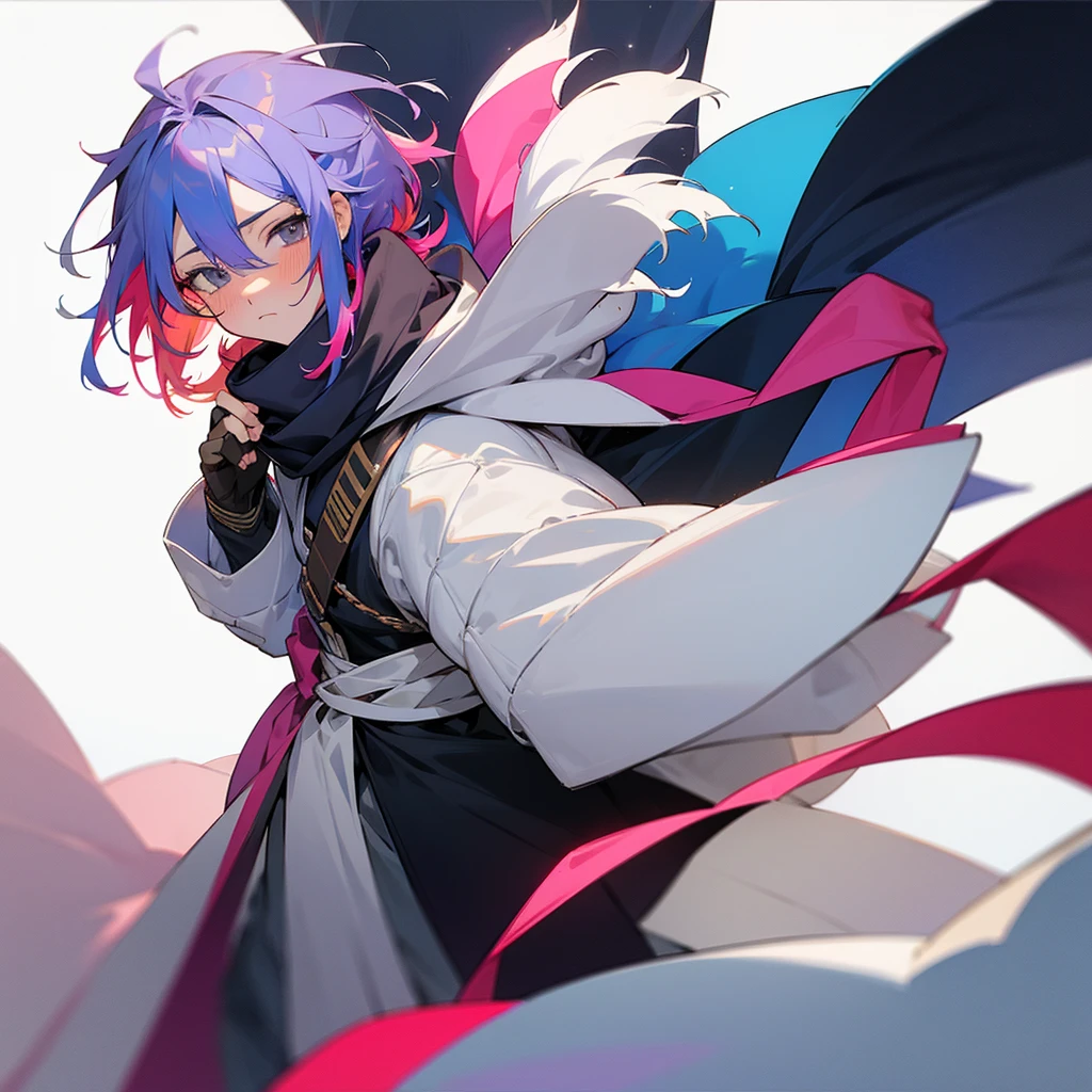 Se muestra una imagen de un personaje de anime con el cabello colorido del arcoíris y una scarf, 1 , male focus, multicolored hair, Alone, looking at the viewer, White background, scarf, grey eyes, blush