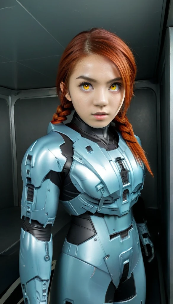 1 Girl、Lifeguard ((glowing eyes, red eyes)), Medium Bust、solo、red Hair、Braid、Mobile Race Suit、Shoulder Armor、ceiling、Wide Shot、Looking Ahead、zipup suit 、Closed Mouth、Highest quality、medium quality、22 years old、Mobile Trace System、cockpit、Asian、CyborgCosplay

