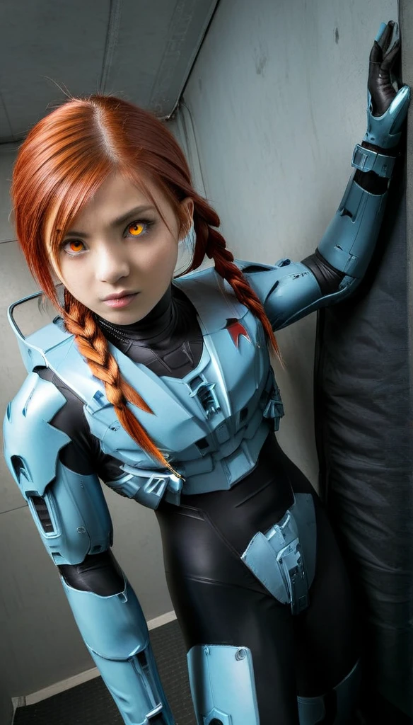 1 Girl、Lifeguard ((glowing eyes, red eyes)), Medium Bust、solo、red Hair、Braid、Mobile Race Suit、Shoulder Armor、ceiling、Wide Shot、Looking Ahead、zipup suit 、Closed Mouth、Highest quality、medium quality、22 years old、Mobile Trace System、cockpit、Asian、CyborgCosplay

