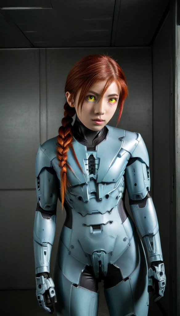 1 Girl、Lifeguard ((glowing eyes, red eyes)), Medium Bust、solo、red Hair、Braid、Mobile Race Suit、Shoulder Armor、ceiling、Wide Shot、Looking Ahead、zipup suit 、Closed Mouth、Highest quality、medium quality、22 years old、Mobile Trace System、cockpit、Asian、CyborgCosplay

