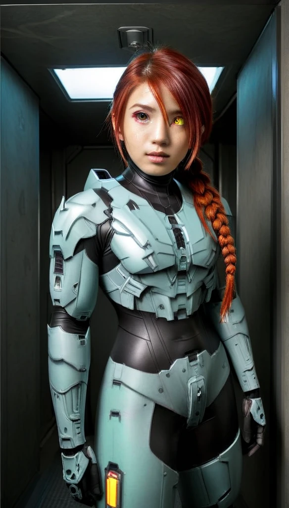 1 Girl、Lifeguard ((glowing eyes, red eyes)), Medium Bust、solo、red Hair、Braid、Mobile Race Suit、Shoulder Armor、ceiling、Wide Shot、Looking Ahead、zipup suit 、Closed Mouth、Highest quality、medium quality、22 years old、Mobile Trace System、cockpit、Asian、CyborgCosplay

