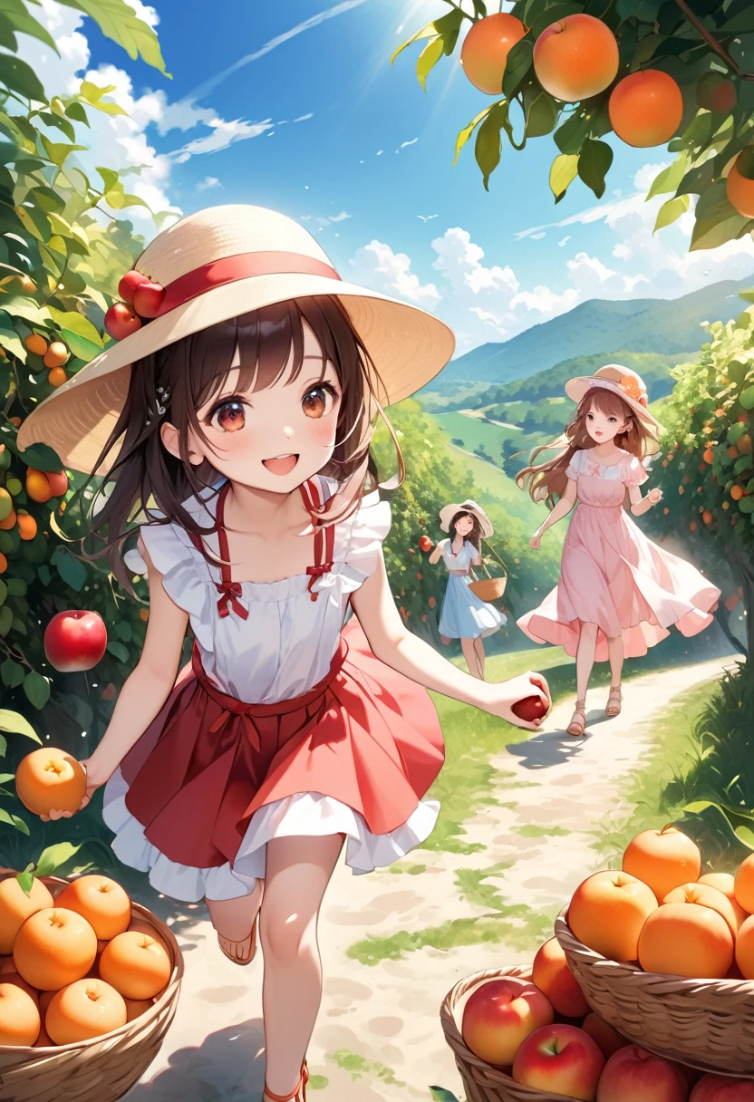 Highest quality、High resolution、Detailed Background、Beautiful face in every detail、age beauty、Highly detailed face、
Light color hair、cute髪型、Fun atmosphere、A big smile、Apple、mandarin orange、peach、Grape、(Two girls enjoying fruit picking:1.5)、On top of a hill with a blue sky、wood々The sunlight shines through、I found some ripe red fruit.、Holding hands with friends、wood登りして高い枝から、甘い香りのGrapeを摘む、
A fun time filled with smiles、Summer memories: Fruit picking、Under the blue sky、Run around、Apple、mandarin orange、peachを集めた、I had a great time、A memorable summer day、
A flared dress made of lightweight material、Flat sandals、Caps and hats、The color is red, reminiscent of fruit.、yellow、orange、Green etc.、cute