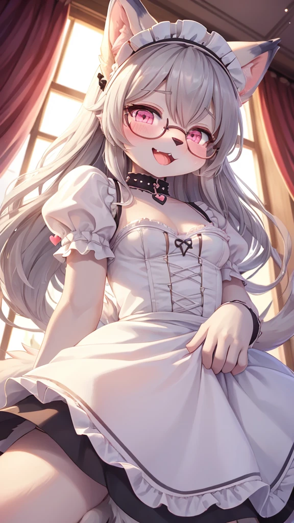 best quality,best resolution,(fluffy anthro furry :1.6),(young :1.6),cat girl,small breasts,light grey hair,long hair,wavy hair,curvy hair,light grey fur,pink eyes,glistering eyes,sparkle eyes,circle glasses,heart collar,maid outfit,maid headdress,maid gloves,ruffles,beautiful cafe,white light,looking at viewer,full face blush,horny face,smile,heart eyes,heart expression eyes,open mouth,straddle viewer,girl on top,low angle,front view,heavy breath,hands on viewer