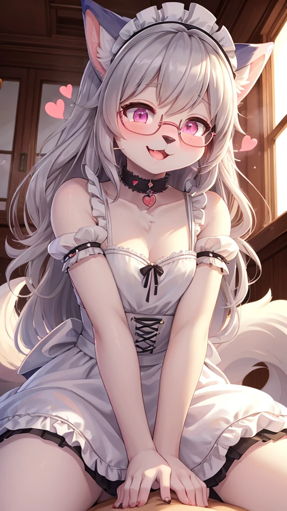 best quality,best resolution,(fluffy anthro furry :1.6),(young :1.6),cat girl,small breasts,light grey hair,long hair,wavy hair,curvy hair,light grey fur,pink eyes,glistering eyes,sparkle eyes,circle glasses,heart collar,maid outfit,maid headdress,maid gloves,ruffles,beautiful cafe,white light,looking at viewer,full face blush,horny face,smile,heart eyes,heart expression eyes,open mouth,straddle viewer,girl on top,low angle,front view,heavy breath,hands on viewer