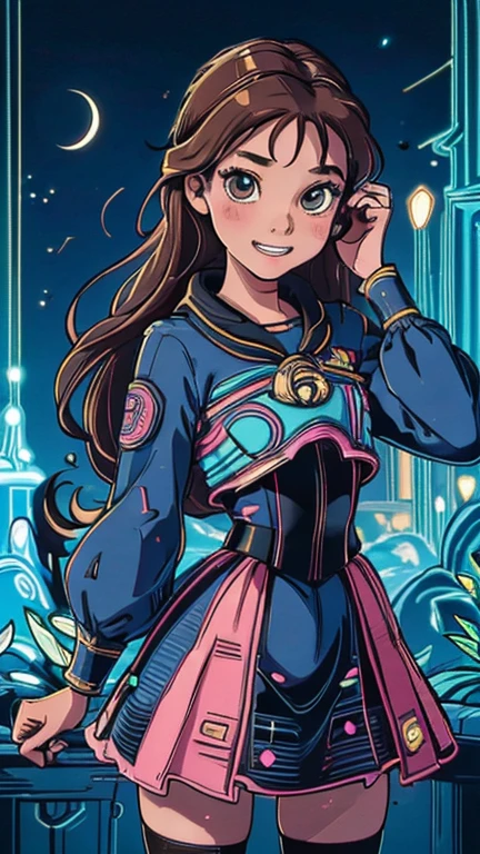 best quality,masterpiece,1girl,solo,(((13years old))),japanese girl,an extremely cute and handsome girl,highly detailed beautiful face and eyes,petit,cute face,lovely face,baby face,shy smile,show teeth,brown hair,long hair,flat chest,skinny,slender,(((wearing a Belle costume))),(((standing in Dark Midnight Neon Glow light Disneyland))),he is looking at the viewer,