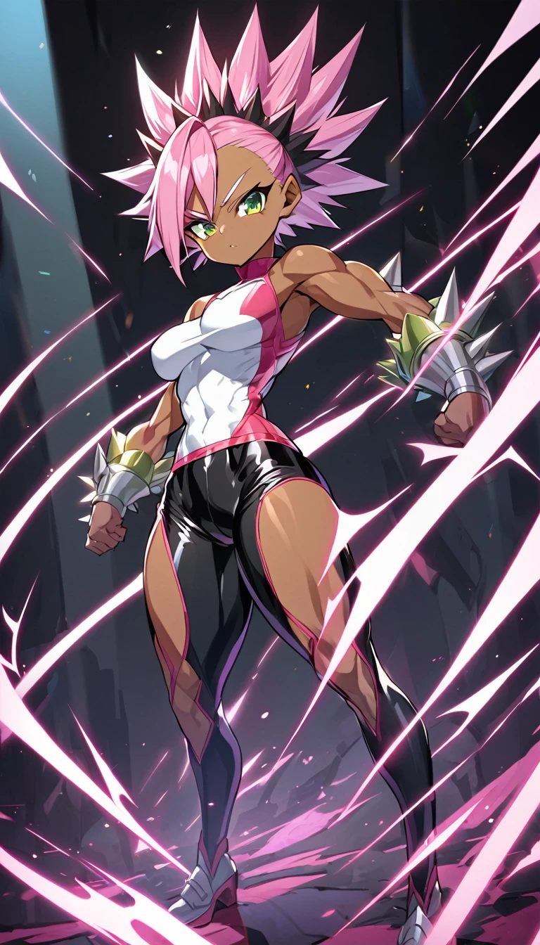 a girl, Saiyan, dark and strong super saiyan pink hair, super saiyan pink, spiky, green eyes, defined muscles, thin waist, wide hips, dark skin, medium breasts, tight clothes, white t-shirt, black pants, pink rays around , black rays all around