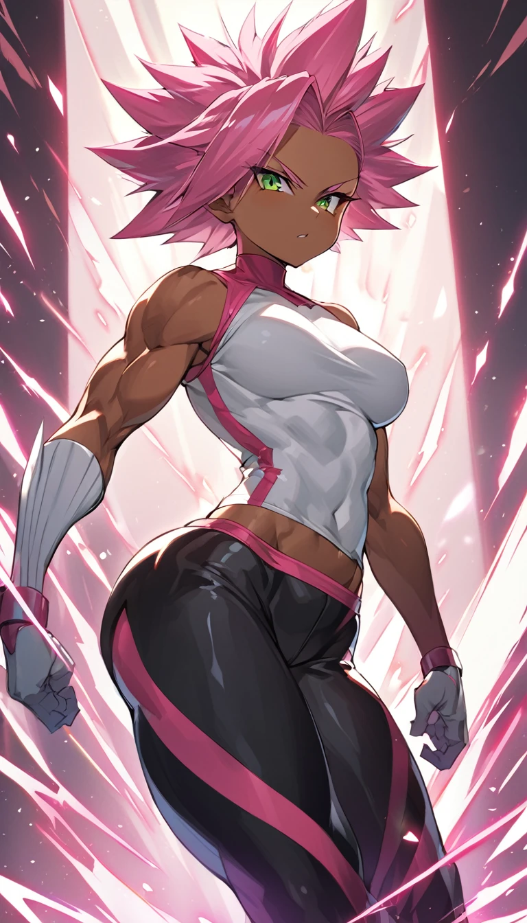 a girl, Saiyan, dark and strong super saiyan pink hair, super saiyan pink, spiky, green eyes, defined muscles, thin waist, wide hips, dark skin, medium breasts, tight clothes, white t-shirt, black pants, pink rays around , black rays all around

