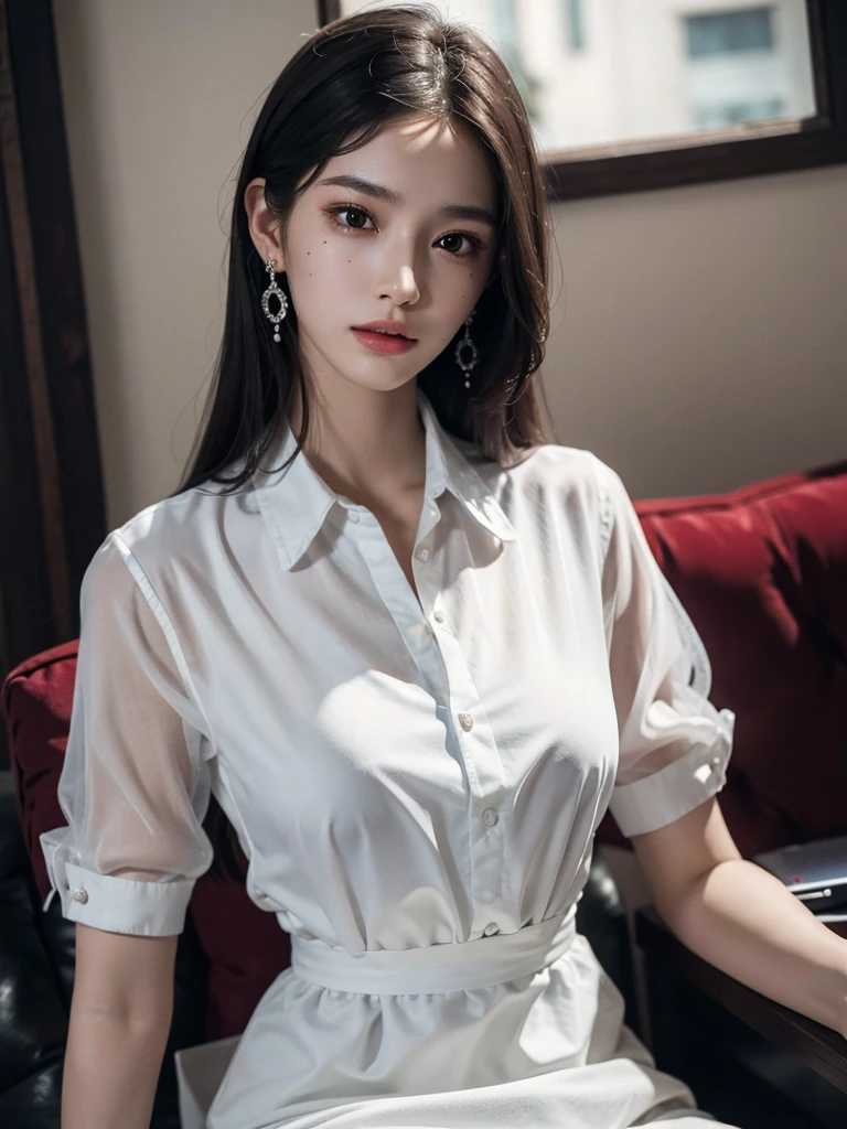 absurdres, RAW photo, extremely delicate and beautiful, masterpiece, Best Quality, ultra high resolution, 32k, hyperrealistic, ultra-detailed, perfect anatomy, super Detailed skin, perfect figure, Super Beauty, Perfect Style, Perfect balance, 20 years old, very Slim body, narrow waist, very small head, very small face, delicate facial features, detailed face, detailed eyes, tearful mole, earring, very huge round breasts, legs, medium hair, full body shot, indoor, collared shirt dress,
