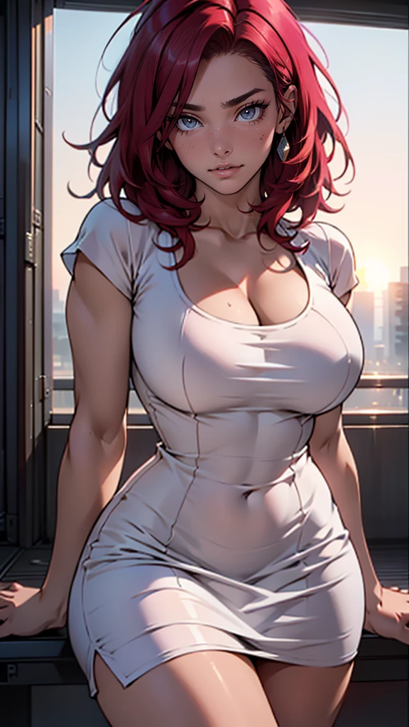 1 girl (detailed hair: 1.2), Messy hair (face perfect: 1.3), (offwhite, perfect skin: 1.2), perfectbody, female (round breasts: 1.3), poses em (tight dress, open with pink slit: 1.3), muito sexly (deep decolte: 1.3), perfect hands, well drawn fingers, sexly em roupas reveladoras, exibindo suas pattes bonitas e tonificadas, Looking at Viewer, In a club, sunset, seducing gaze, sexly, masterpiece ultra mega high quality 8k, Depth of field, ultra realistic, Red hair, , hentai, patte, patte bonita, sexly