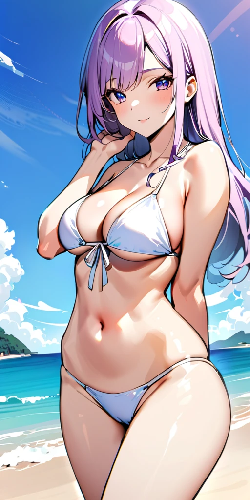 ((Highest quality、、masterpiece:1.3)), Upper Body、Long legs、Sharp focus:1.2, Beautiful woman with perfect figure:1.4、(Smiling:1.2), double eyelid、30-year-old female、Sexy pose、((((Close your mouth、One Woman、bikini,sea,beach,sea side))))、(((((Hands on the side of the body)))))