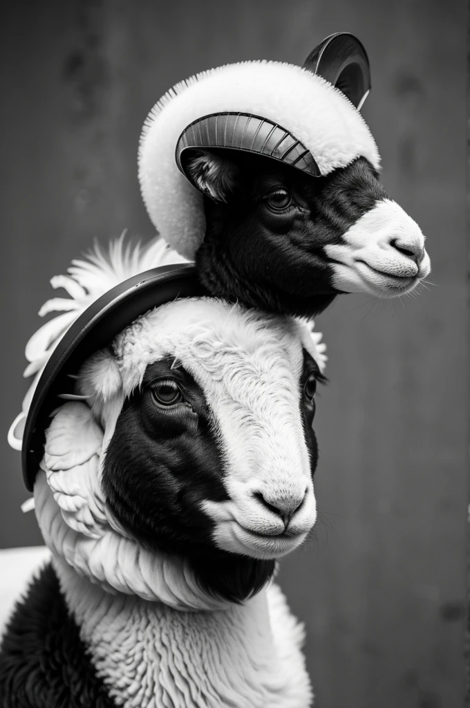 Black and white feather style image.
The face of a lamb (ANIMAL), who is wearing a modern military helmet unbuttoned facing forward