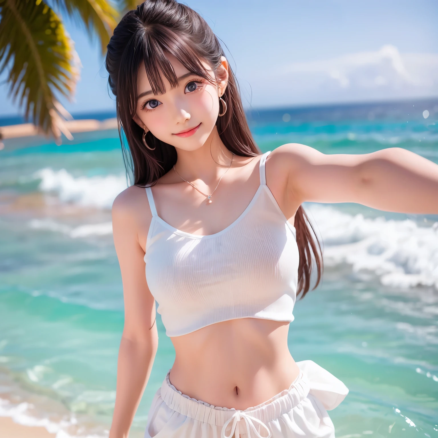 ((SFW: 1.4)), ((SFW, Headband Top, Beach, bony body, short hair, side lock hair, smile, 1 girl)), Ultra-high resolution, (Genuine: 1.4), RAW Photos, highest quality, (photoGenuineistic), concentrated ,Soft Light,(()),((Japanese)),(((Young Face))),(surface),(Depth of written boundary),masterpiece,(PhotoGenuine),woman,bangs,( (1 girl)