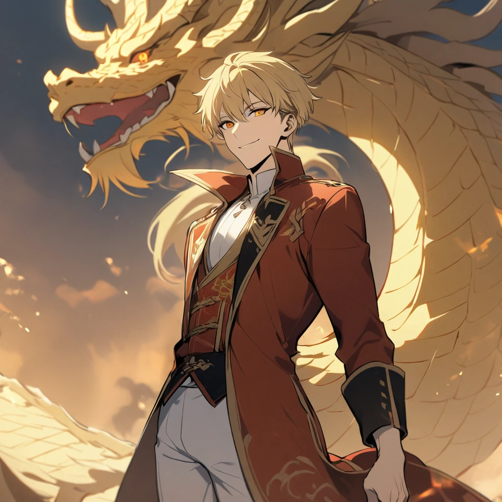 Handsome, solo, male, short hair, blonde hair, orange eyes, smile facial, white shirt, white pant, red and gold coat, golden dragon