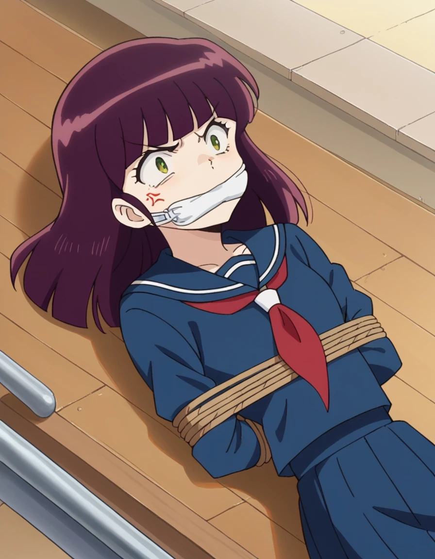 score_9, score_8_superior, score_7_superior, sauce_anime,
Shinobumiyake, Shinobu Miyake, Long Hair, bangs, Purple Hair, Green Eyes, anger,
shirt, Long sleeve, , Seraphim, Sailor collar, neckerchief, red neckerchief, shirt, blue shirt, blue Sailor collar, Blue Skirt,
indoor, classroom, corridor,Tied up with rope,gag,Lying down,Struggling