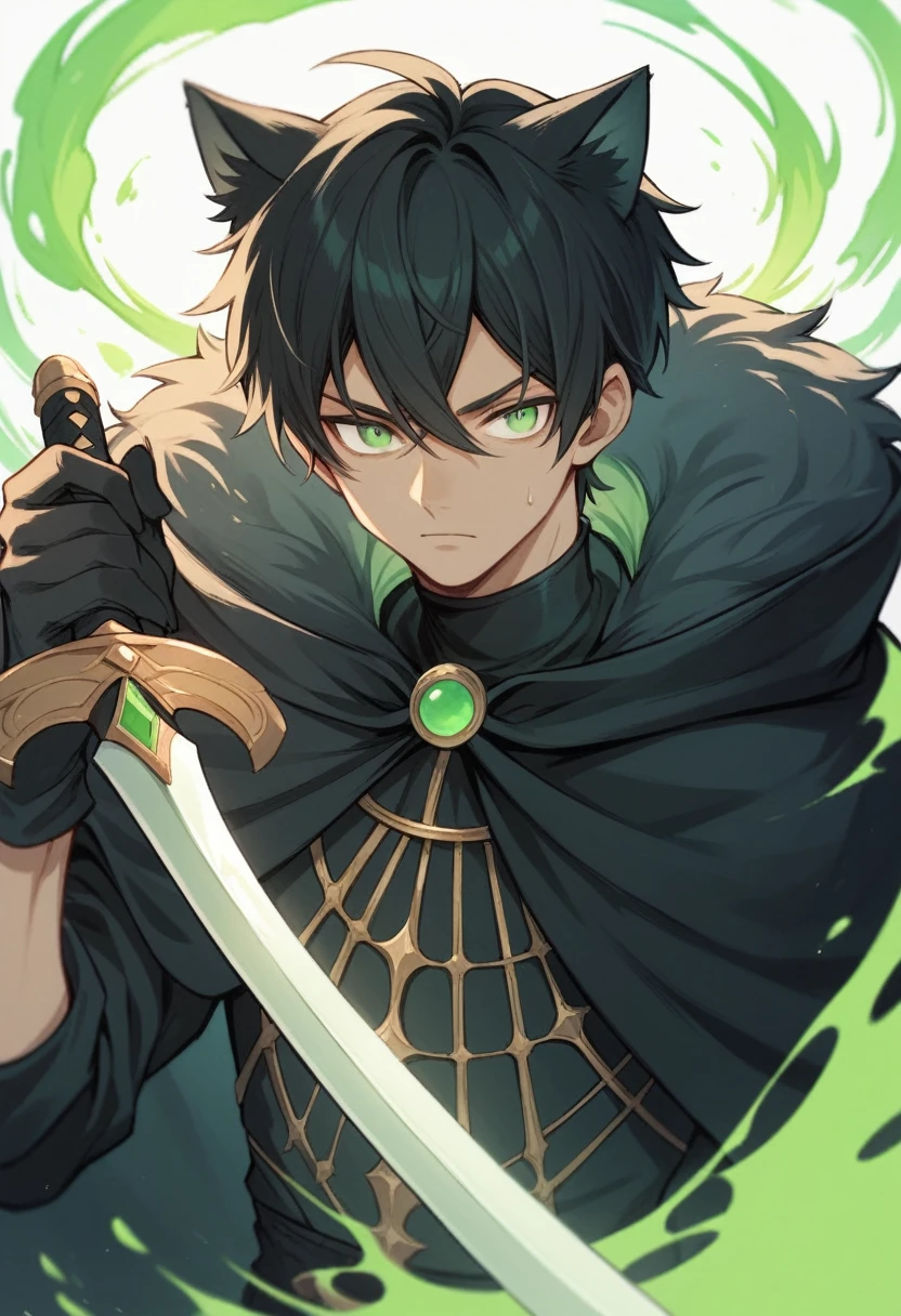 anime boy wearing a black cloak with green energy around him, black hair, green eyes, holding a sword, 4k, anime, black cat ears, dark skin,