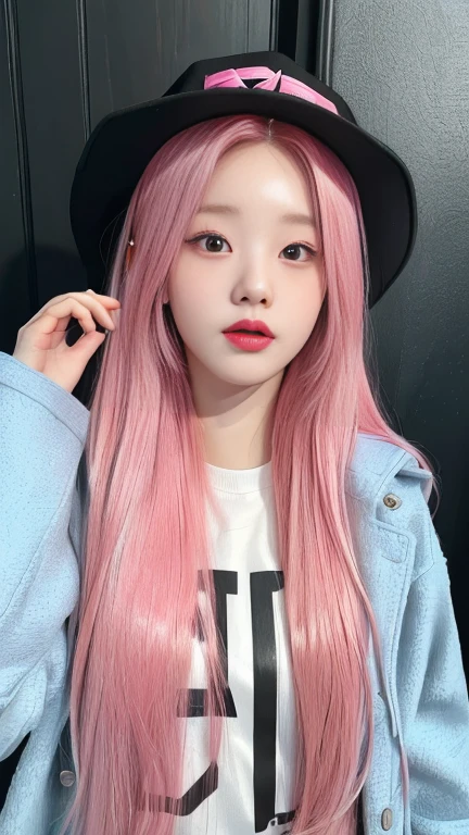 arafed woman with pink hair wearing a hat and a jacket, roseanne park by blackpink, Sakimichan, ulzzang, pale korean adorable face, with pink hair, taken in the early 2020s, jinyoung shin, jaeyeon nam, with long white hair, heonhwa choe, shikami, with long white hair