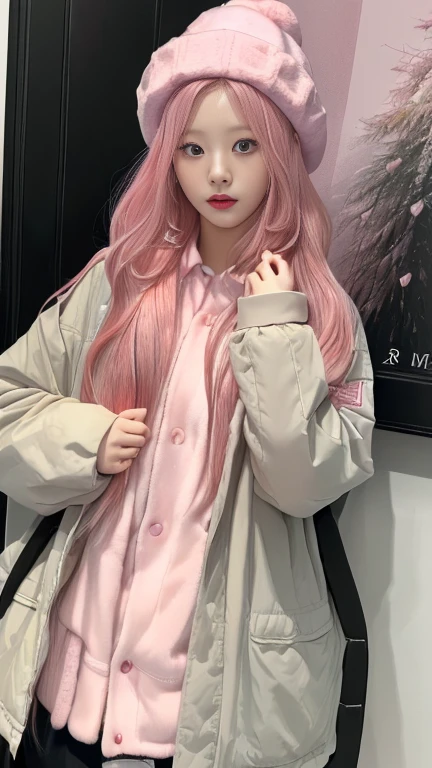 arafed woman with pink hair wearing a hat and a jacket, roseanne park by blackpink, Sakimichan, ulzzang, pale korean adorable face, with pink hair, taken in the early 2020s, jinyoung shin, jaeyeon nam, with long white hair, heonhwa choe, shikami, with long white hair