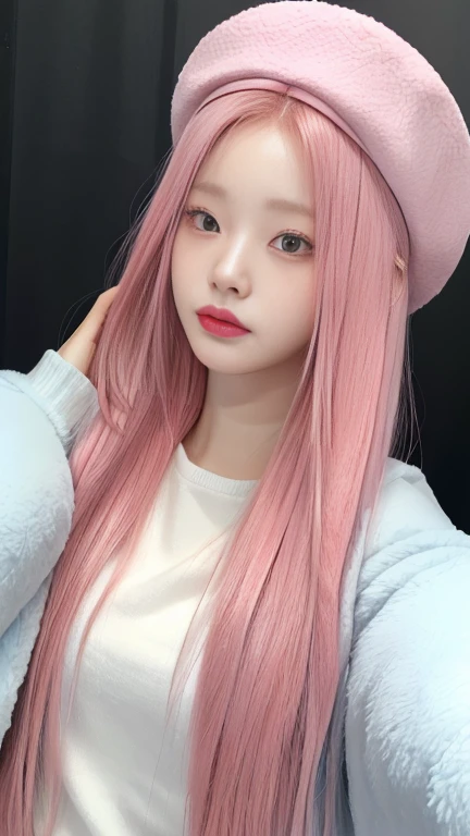 arafed woman with pink hair wearing a hat and a jacket, roseanne park by blackpink, Sakimichan, ulzzang, pale korean adorable face, with pink hair, taken in the early 2020s, jinyoung shin, jaeyeon nam, with long white hair, heonhwa choe, shikami, with long white hair