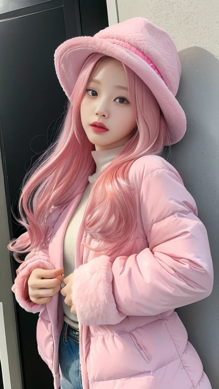 arafed woman with pink hair wearing a hat and a jacket, roseanne park by blackpink, Sakimichan, ulzzang, pale korean adorable face, with pink hair, taken in the early 2020s, jinyoung shin, jaeyeon nam, with long white hair, heonhwa choe, shikami, with long white hair