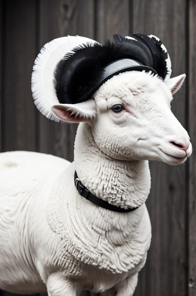 Black and white feather style image.
The face of a lamb (ANIMAL), who is wearing a modern military helmet unbuttoned facing forward