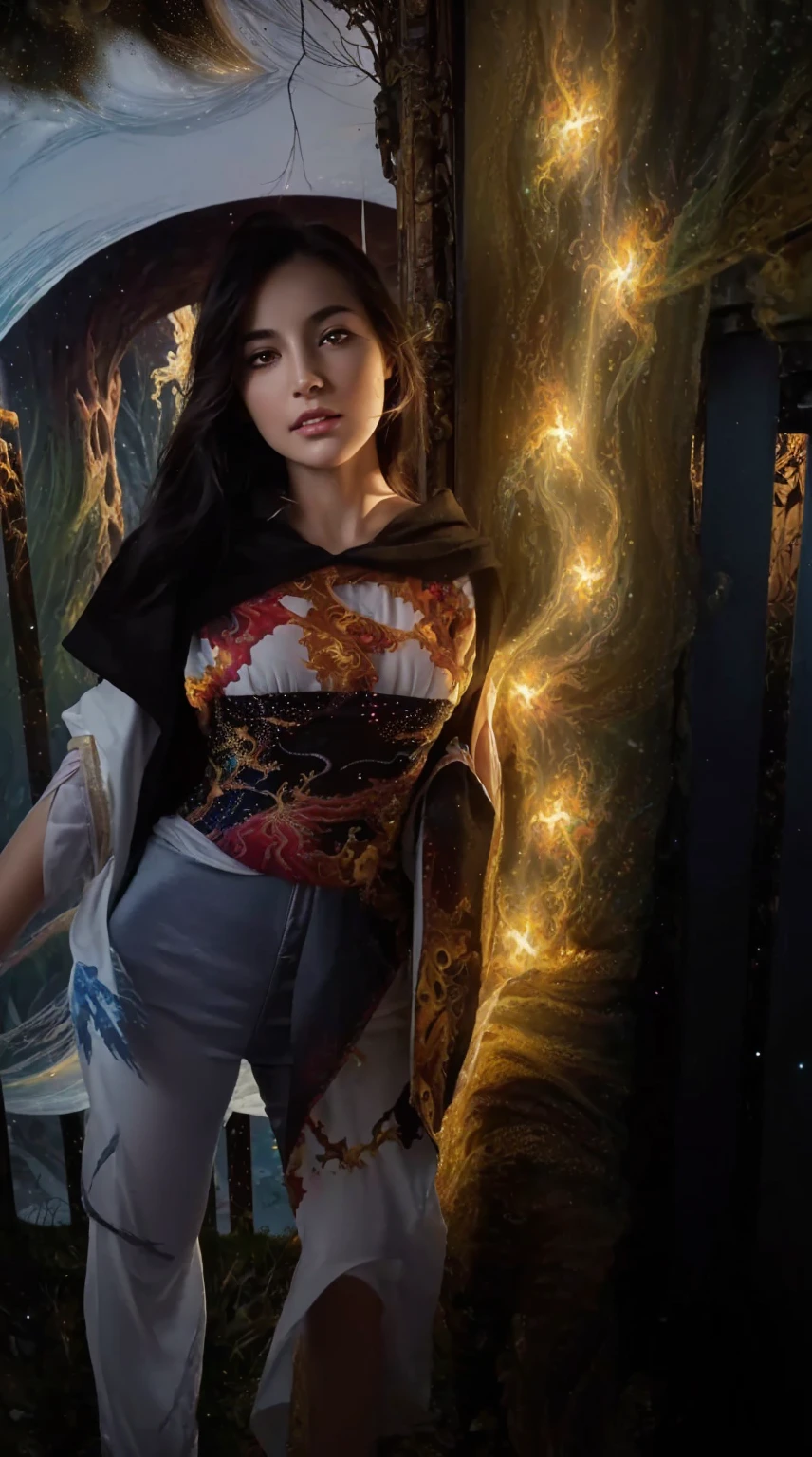 (masterpiece, top quality, best quality, official art, beautiful and aesthetic:1.2), (1girl), extreme detailed eyes, (fractal art:1.3), colorful, highest detailed, (perfect face), shiny skin, HDR, (white cloak golden lines:1.2), galaxy, (light streaks), striking visuals, (dynamic streaks, luminous trails:1.2), vibrant colors, (phoenix), (dragon)