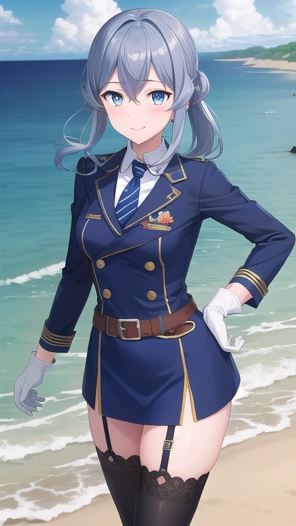 ((masterpiece)),(best quality),official art,extremely detailed CG,unity 8k wallpaper,ultra detailed,A lighthouse on a cliff by the sea,1girl,solo,cowboy shot,half_gloves,mole_under_eye,blue_hair,long_hair,military_uniform,blue_eyes,white_gloves,single_hair_bun,blue_skirt,blue_sailor_collar,black_necktie,collared_shirt,medium breasts,long_sleeves,hair_between_eyes,thigh_strap,rudder_footwear,looking_at_viewer,smile,black_neckerchief,blue_thighhighs,belt,