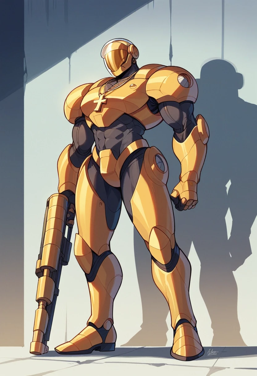 silver and golden cyber suit, silver and golden cyber helmet, gold earrings, gold cross necklace, 20 years old, tall, short black hair, holding a huge cyber rifle in her hands, shadow details, light details, behind the city that is about to be destroyed, 8K Image quality, background details